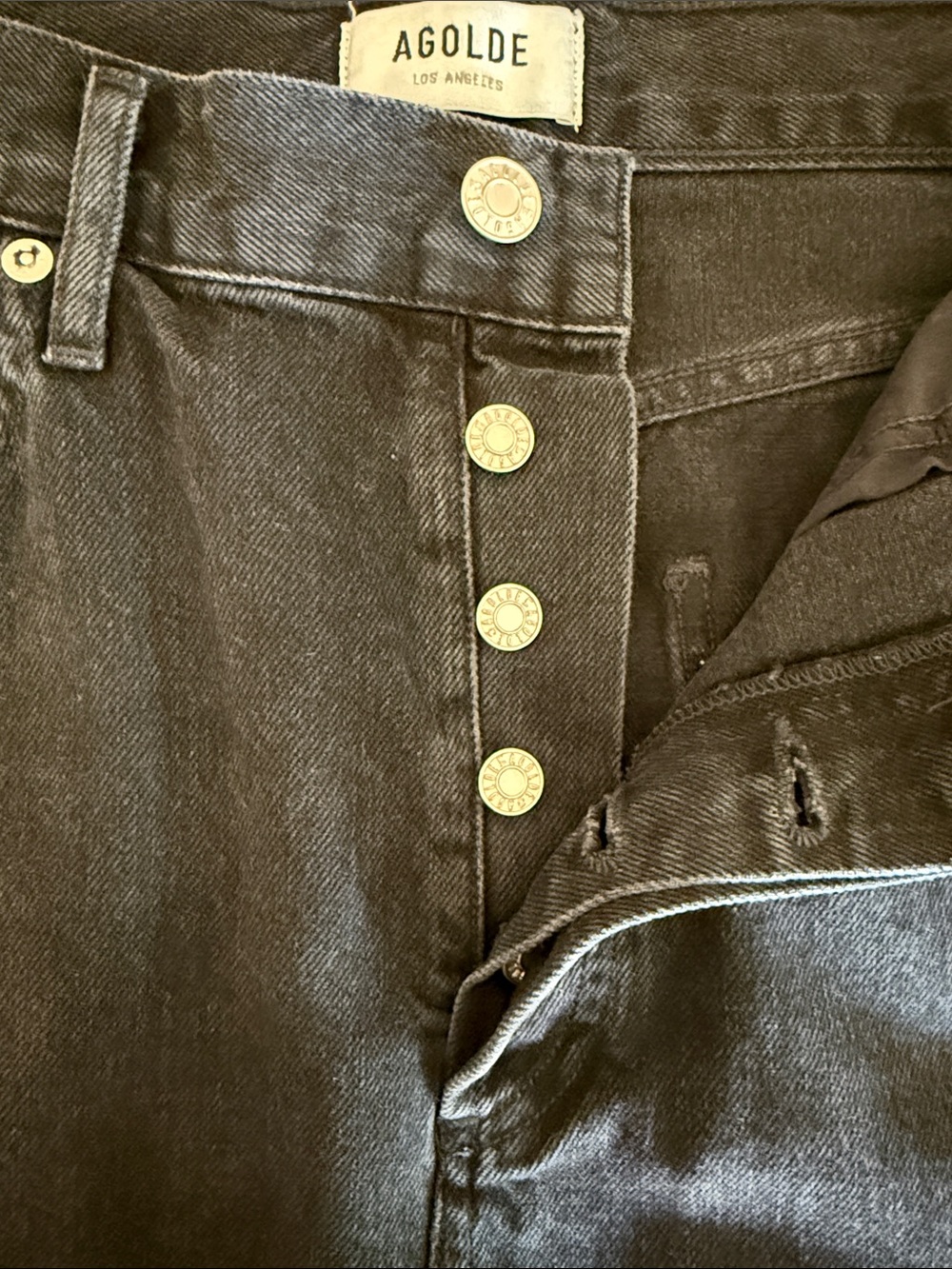 Agolde Mini Skirt Black Denim High Rise Raw Hem Button Front & 5 Pockets Sz 29 - Picture 7 of 9